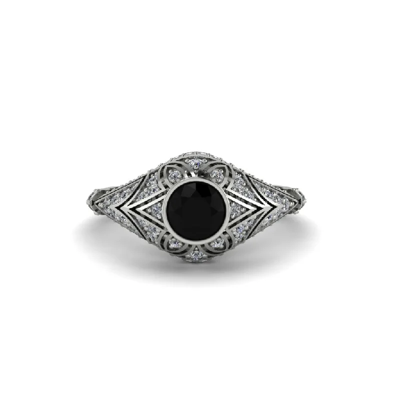 Gorgeous Custom Wedding Bands For Personalized Vows-Black Diamond Bezel Vintage Filigree Engagement Ring - Kendall No. 9