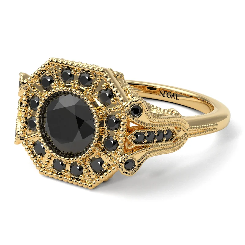 Luxury Gemstone Wedding Rings For Special Occasions-Black Diamond 14K Gold Art Deco Engagement Ring - Erin No. 37