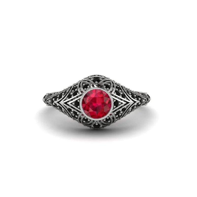 Simple Engagement Bands For Subtle Style-Ruby Bezel Vintage Filigree Engagement Ring - Kendall No. 42