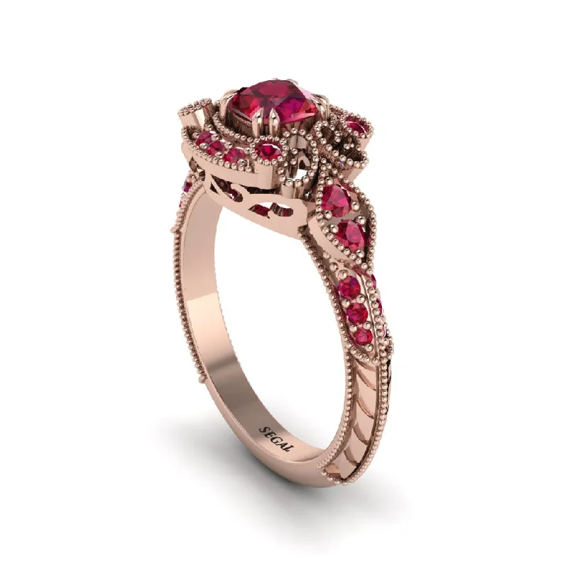 Stunning Platinum Rings For Special Occasions-Ruby Vintage Filigree Cushion Cut Engagement Ring - Elaina No. 56