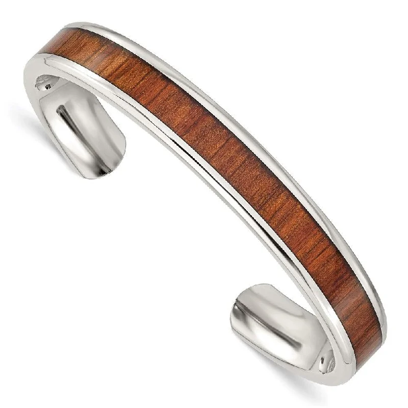 Beautiful Modern Bangles For Fashion Lovers-Stainless Steel Polished Red/Orange Wood Inlay Bangle