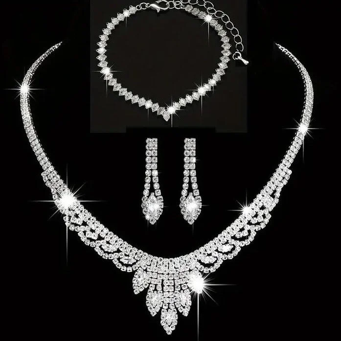 4pcs Jewelry Set l Rhinestone Earrings l Necklace l Bracelet l Prom l Wedding JS-942