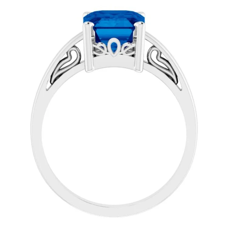 Custom Wedding Bands For Fashion-Forward Couples-14K White Lab-Grown Blue Sapphire Scroll Setting® Ring