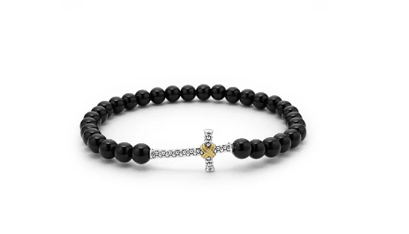 Gorgeous Gemstone Bracelets For Everyday Wear-Anthem Cross Beaded Stretch Bracelet in Onyx, Sterling Silver and 18K Yellow Gold, Size 7