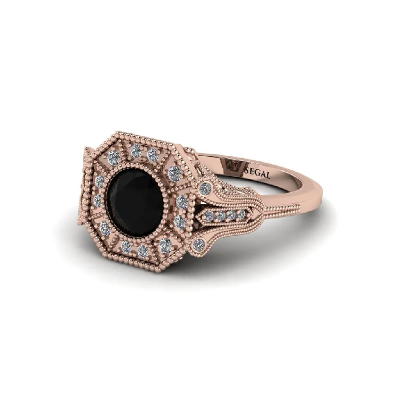 Beautiful Birthstone Rings For Personalized Fashion-Black Diamond 14K Gold Art Deco Engagement Ring - Erin No. 8