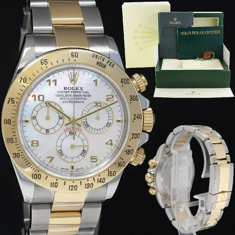 Beautiful Designer Watches For Fashion-Forward Women-MINT Rolex Daytona 116523 Mother of Pearl MOP Diamond Yellow Gold Two Tone Watch