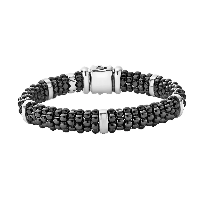 Trendy Bangles And Bracelets For Layered Fashion-Caviar Station Bracelet in Black Ceramic with Sterling Silver, Size 7