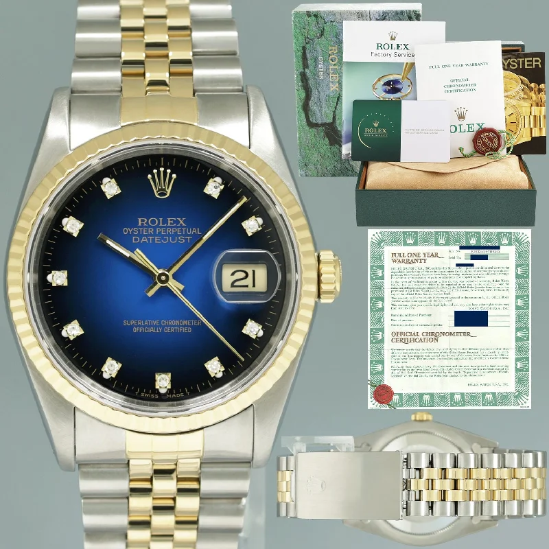 Luxury Watches For Men With Chronograph Functions-2024 RSC & Papers Rolex DateJust 16233 Two Tone Jubilee Blue Vignette Diamond Watch