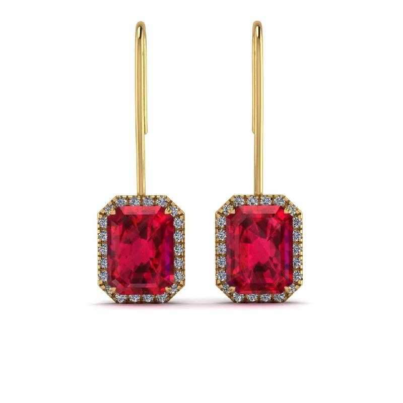 Colorful Earrings For Playful Fashion-Halo Emerald Cut Ruby Earrings - Izabella No. 10