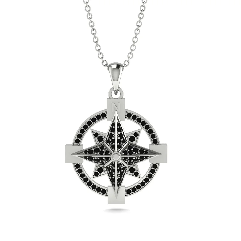 Black Diamond-Encrusted Compass Charm Necklace - Celeste No. 9