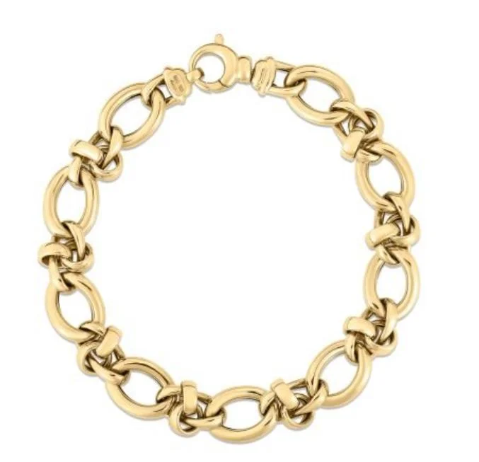 Trendy Friendship Bracelets For Playful Fashion-Designer Gold Alternating Mixed Link Bracelet in 18K Yellow Gold, 8"