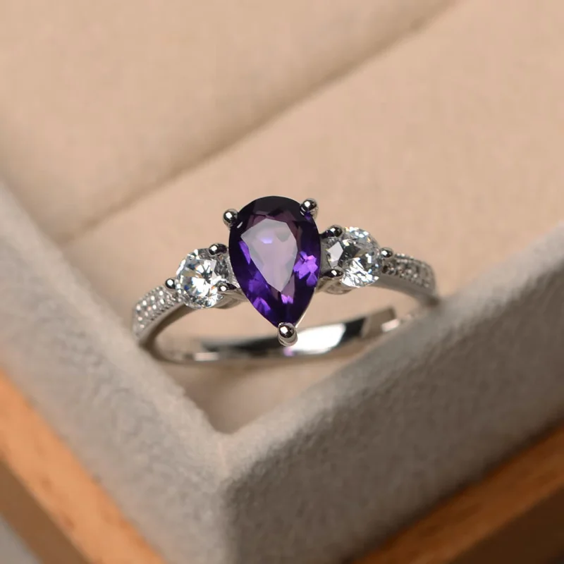 Beautiful Engagement Rings For Romantic Proposals-Pear Cut Amethyst Stone Ring