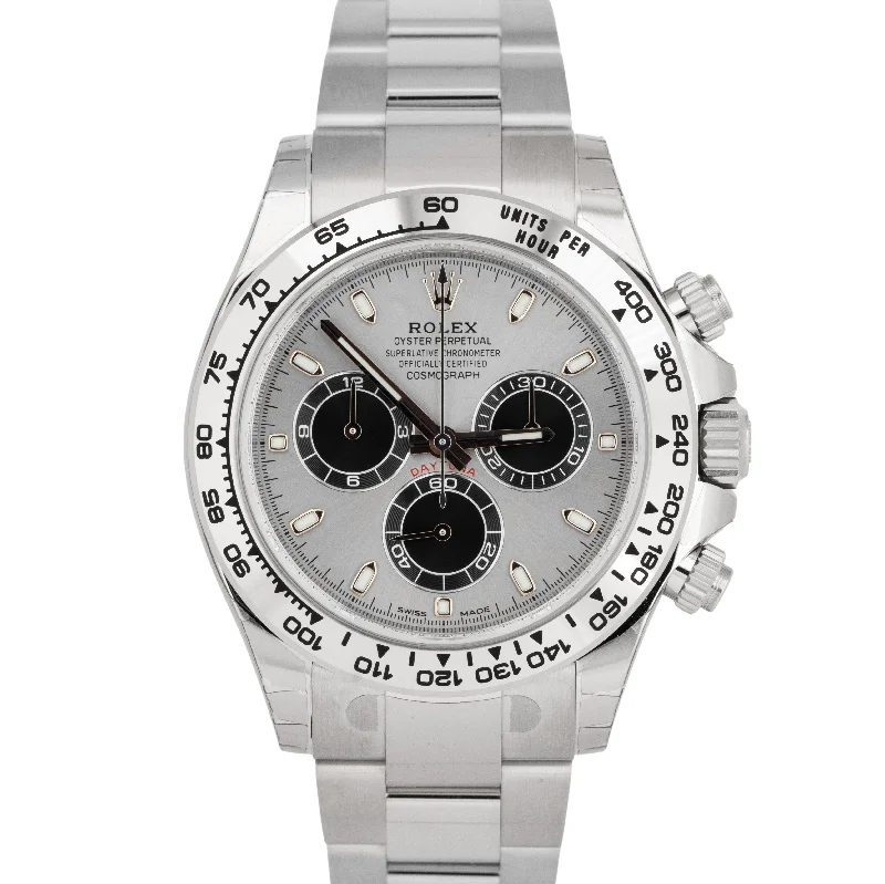 Classic Leather Strap Watches For Timeless Appeal-NEW UNWORN Rolex Daytona Cosmograph Silver Black 18K White Gold Watch 116509 BOX