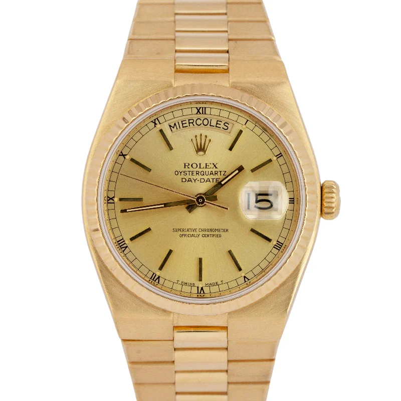 Solar-Powered Watches For Sustainable Style-Rolex OysterQuartz Day-Date President Champagne 18K Yellow Gold Watch 19018