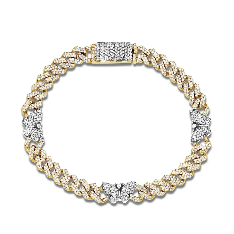 Elegant Pearl-Studded Bracelets For Subtle Glam-10K Gold Two Tone 1.76ct Diamond Cuban Bracelet with Butterfly Motif Links