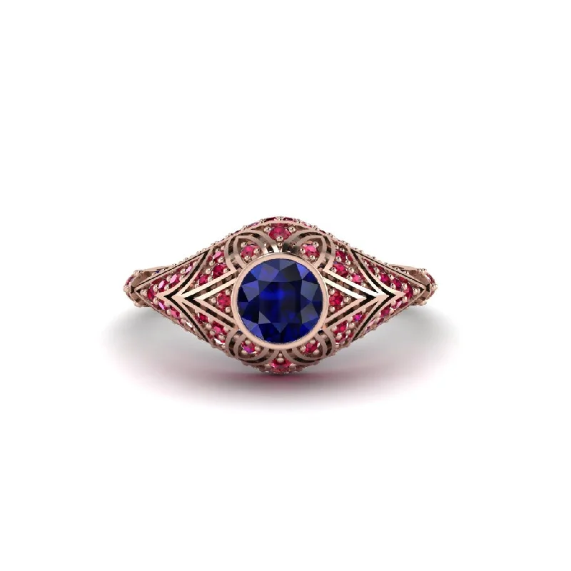 Luxury Gold Rings For Special Celebrations-Sapphire Bezel Vintage Filigree Engagement Ring - Kendall No. 59