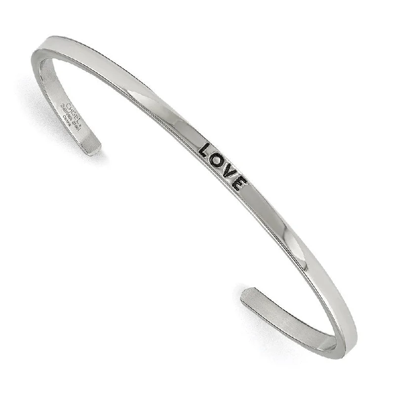 Stackable Bangles For Trendy Layered Looks-Stainless Steel Polished Love CZ 3mm Cuff Bangle