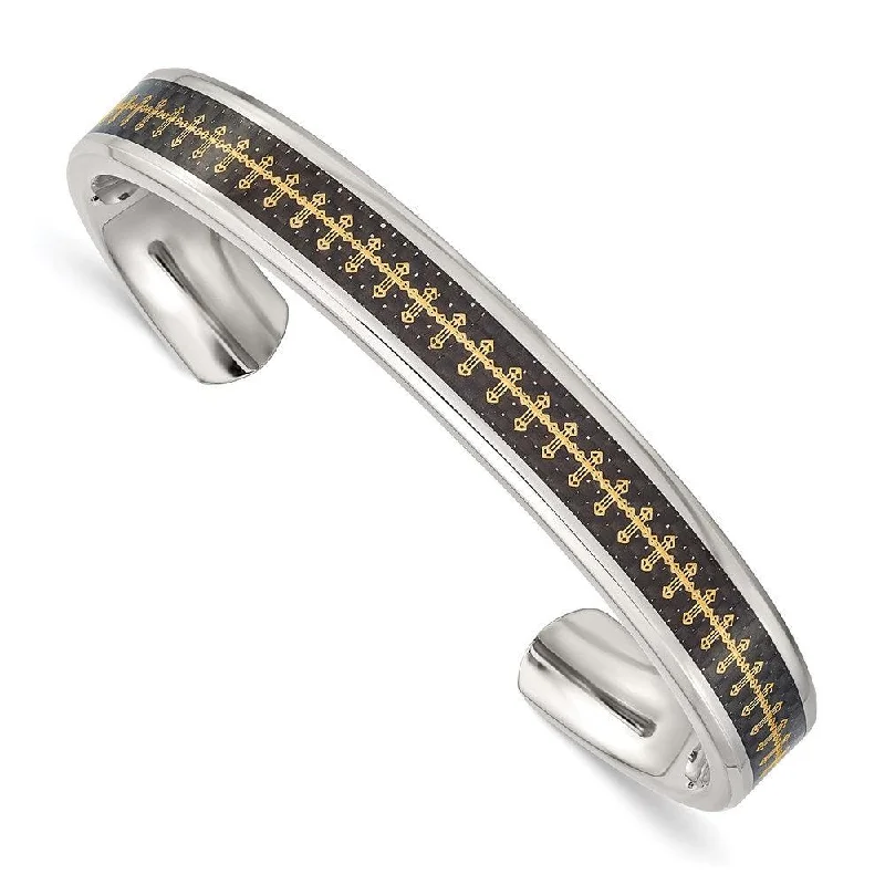 Elegant Platinum Bangles For Stylish Wear-Stainless Steel Polished Carbon Fiber Inlay/Yellow IP-plated Cross Bangle