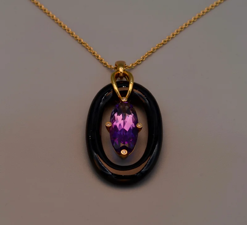 14K Yellow gold Onyx and Amethyst pendant trimmed with 4 bezeled Diamonds