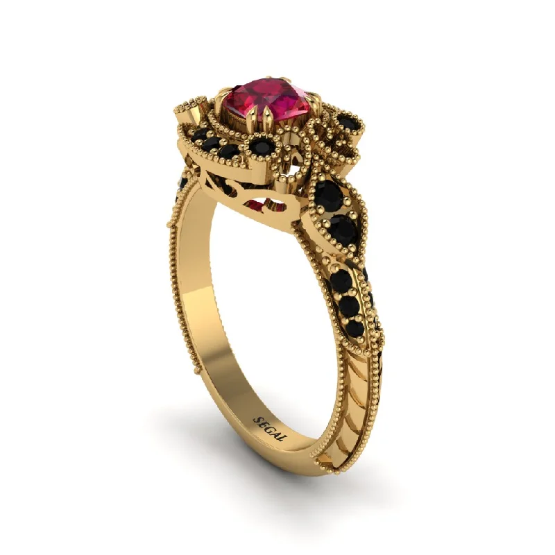 Custom Wedding Bands For Personalized Vows-Ruby Vintage Filigree Cushion Cut Engagement Ring - Elaina No. 40