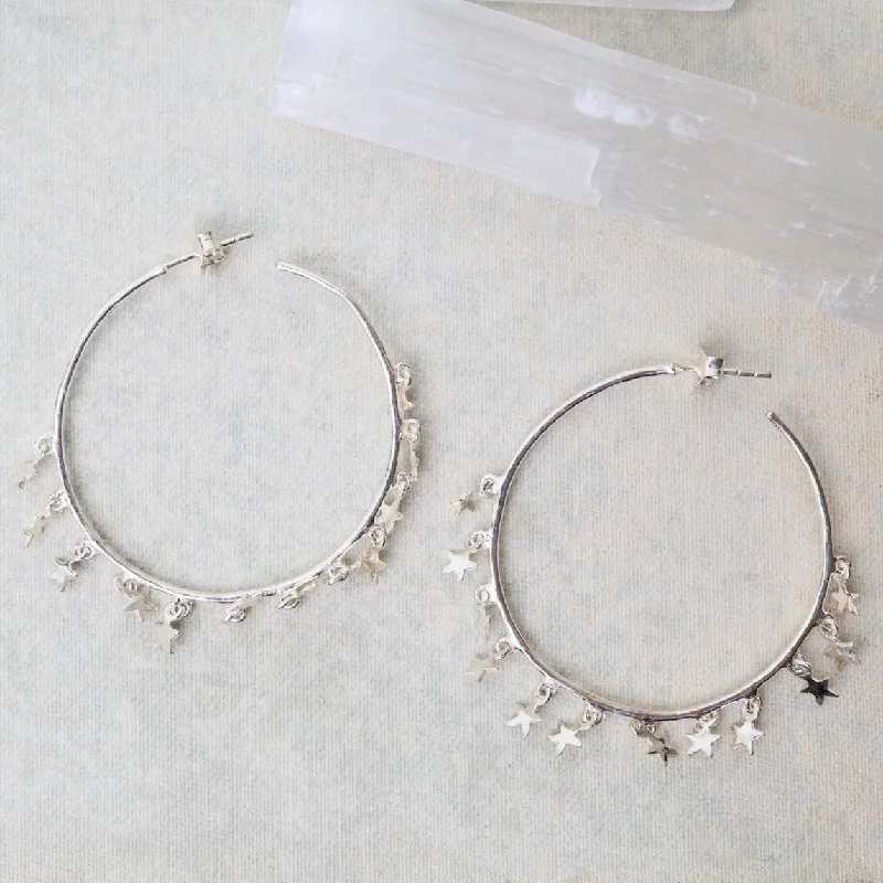 Trendy Earrings For Fashion Enthusiasts-Sterling Silver Hoops with Tiny Star Charm Dangle Earrings