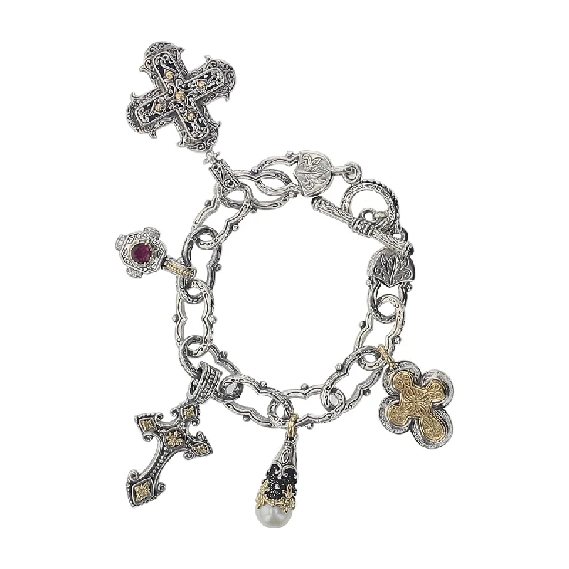 Custom Engraved Bracelets For Meaningful Gifts-Konstantino Pink Tourmaline Cross Charm Bracelet in Sterling Silver