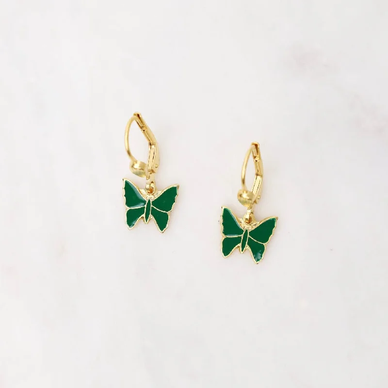 Stylish Earrings For Everyday Looks-Gold Green Enamel Butterfly Earrings