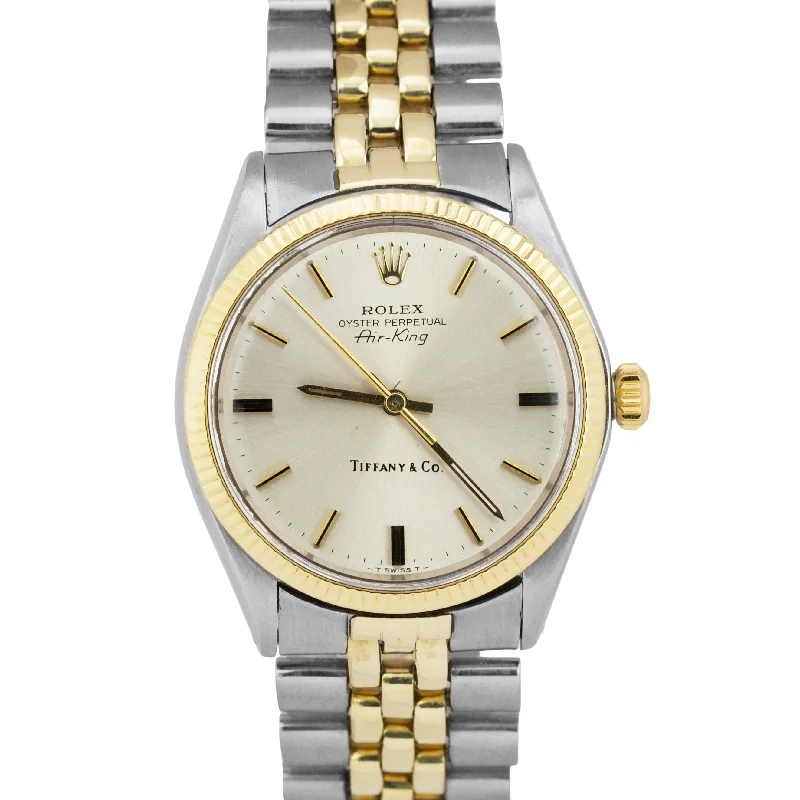 Classic Mechanical Wrist Watches For Timeless Style-VINTAGE 1975 Rolex Oyster Perpetual Air-King SILVER T&CO 34mm 14K Watch 5501