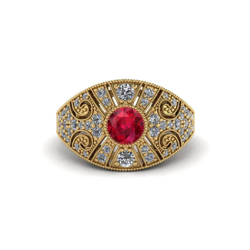 Affordable Gold Engagement Rings For Brides-Ruby Vertical Three Stone Vintage Engagement Ring - Vivienne No. 10