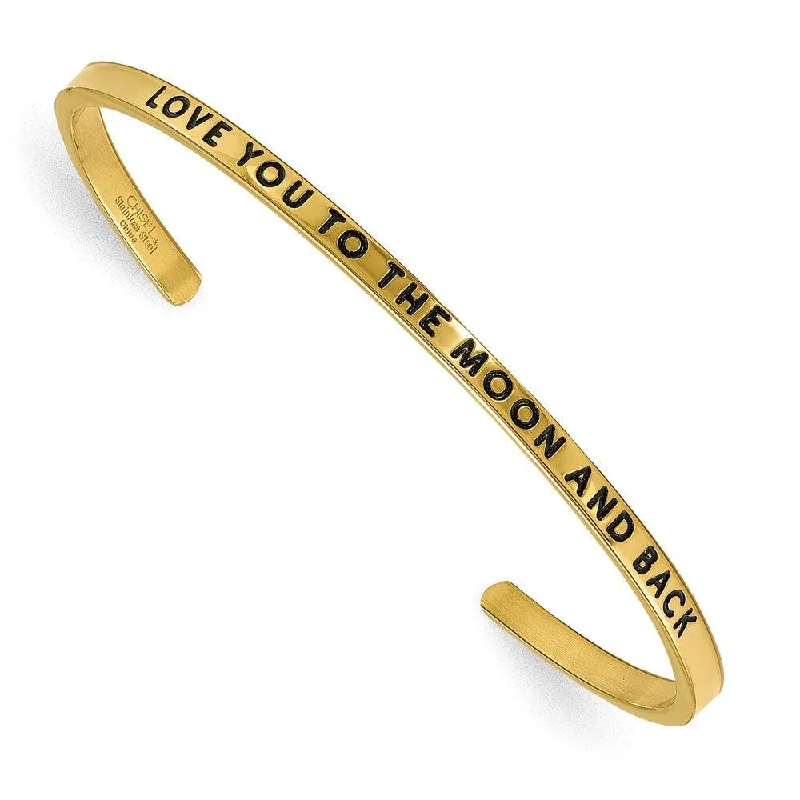 Simple Gold Bangles For Subtle Glam-Stainless Steel Yellow IP-plated Love you to the Moon CZ 3mm Cuff Bangle