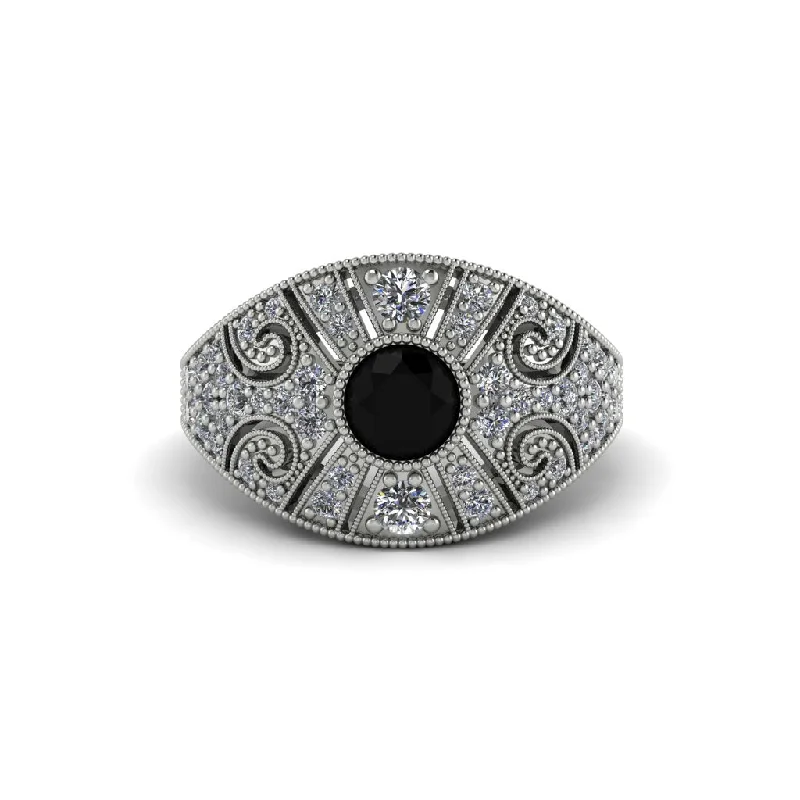 Timeless Wedding Bands For Classic Style-Black Diamond Vertical Three Stone Vintage Engagement Ring - Vivienne No. 9