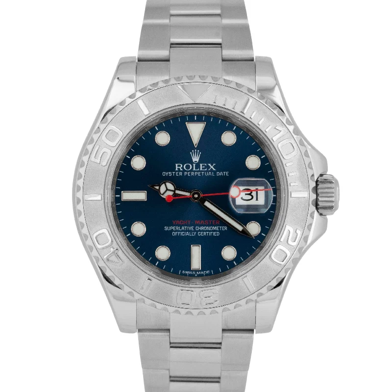 Trendy Watches For Men With Stainless Steel Bands-PAPERS Rolex Yacht-Master Platinum BLUE 40mm Stainless Steel Watch 116622 BOX