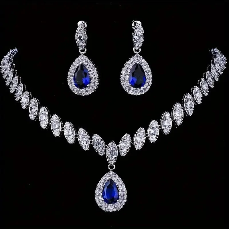 3pcs SILVER Blue Jewelry Set l Rhinestone Earrings l Necklace l Bracelet l Prom l Wedding JS-938