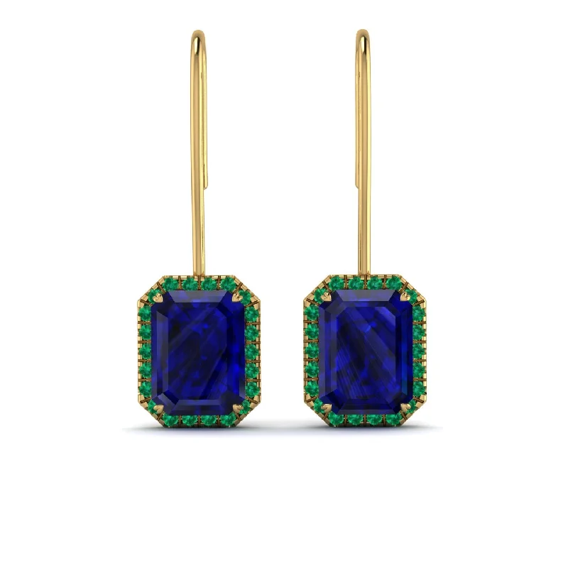 Dangle Earrings For Bridal Look-Halo Emerald Cut Sapphire Earrings - Izabella No. 28