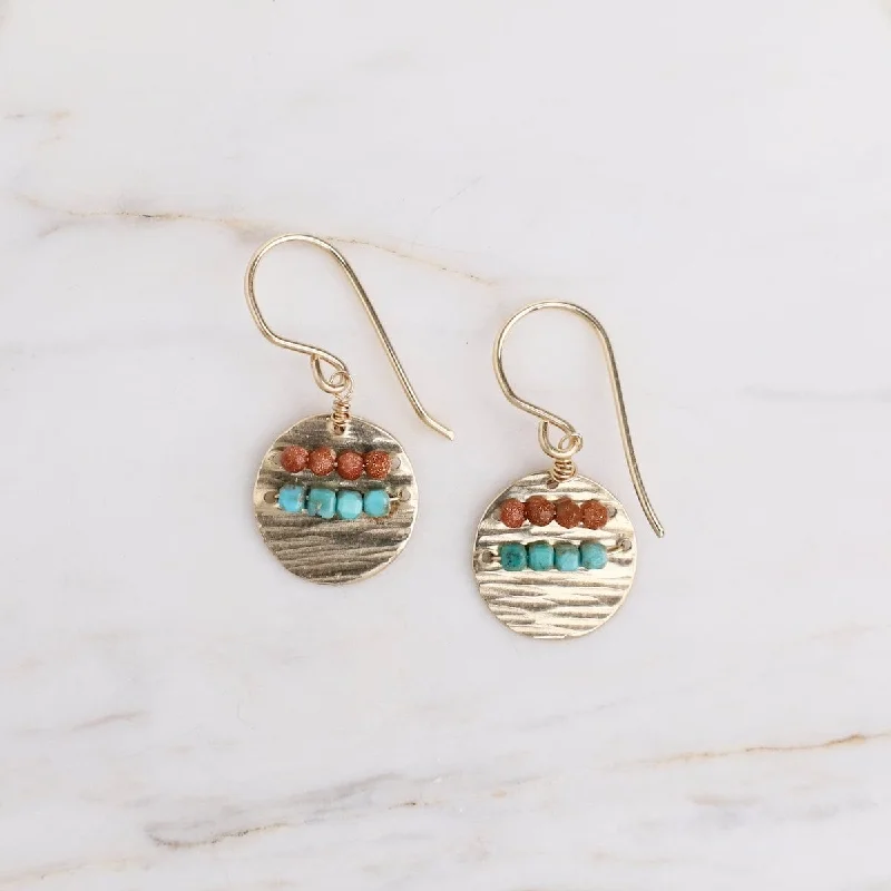 Sparkling Hoop Earrings For Chic Looks-Rippled Tide Earrings with Goldstone & Turquoise