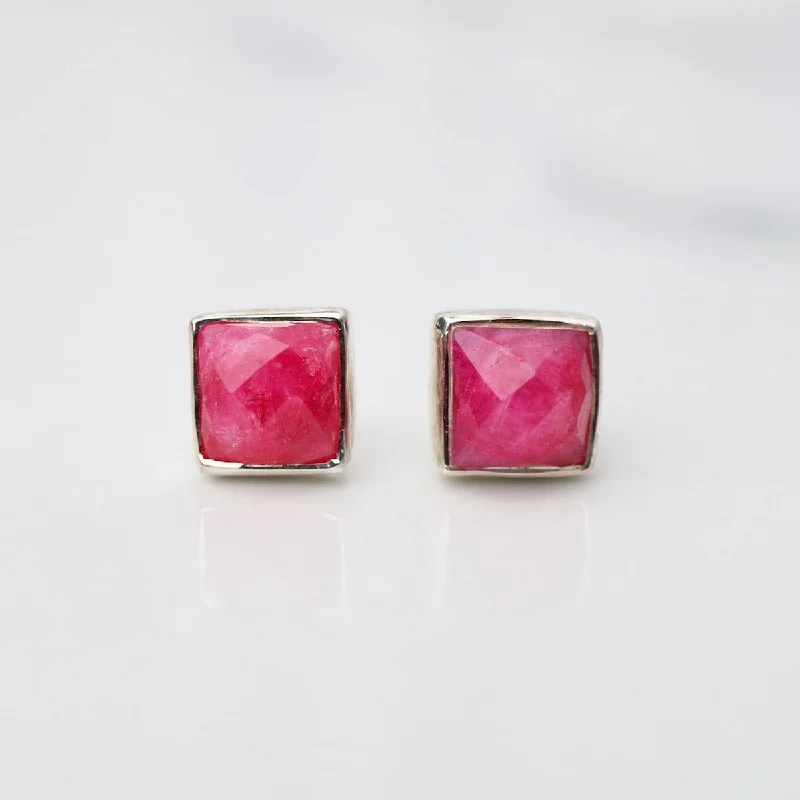 Trendy Earrings For Fashion Enthusiasts-Madeline Stud Earrings - Silver Square - Ruby Quartz