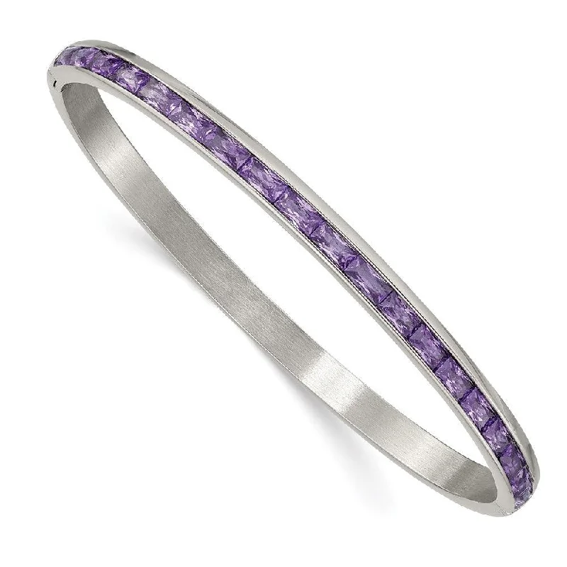 Unique Silver-Plated Bangles For Budget-Friendly Glam-Stainless Steel Polished with Purple CZ 5.00mm Hinged Bangle