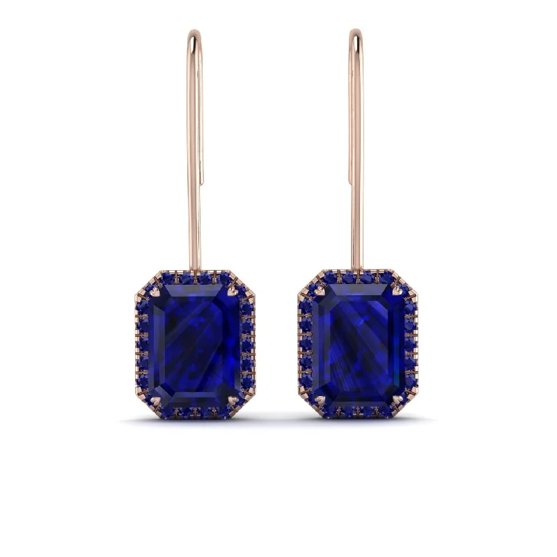 Sparkling Earrings For Formal Events-Halo Emerald Cut Sapphire Earrings - Izabella No. 74