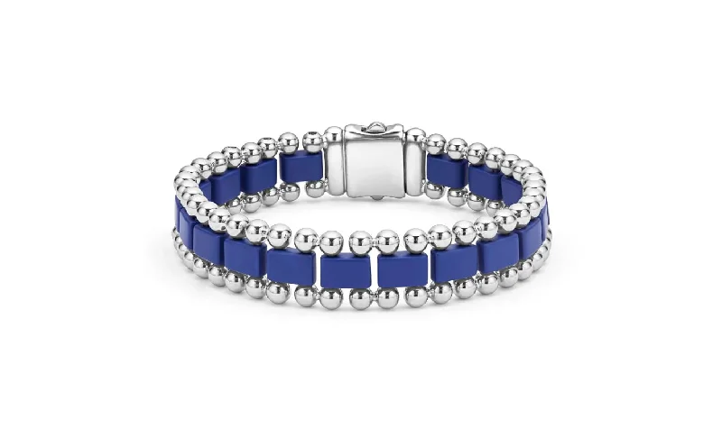 Unique Leather-Set Bracelets For Boho-Inspired Fashion-Anthem Caviar Link Bracelet in Sterling Silver and Matte Marine Ceramic, Size 8