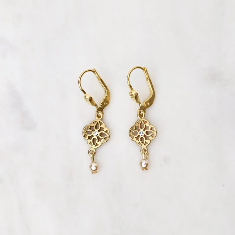 Elegant Gold Earrings For Luxury Events-Gold Small Crystal Lotus Earrings with Pearl Drop