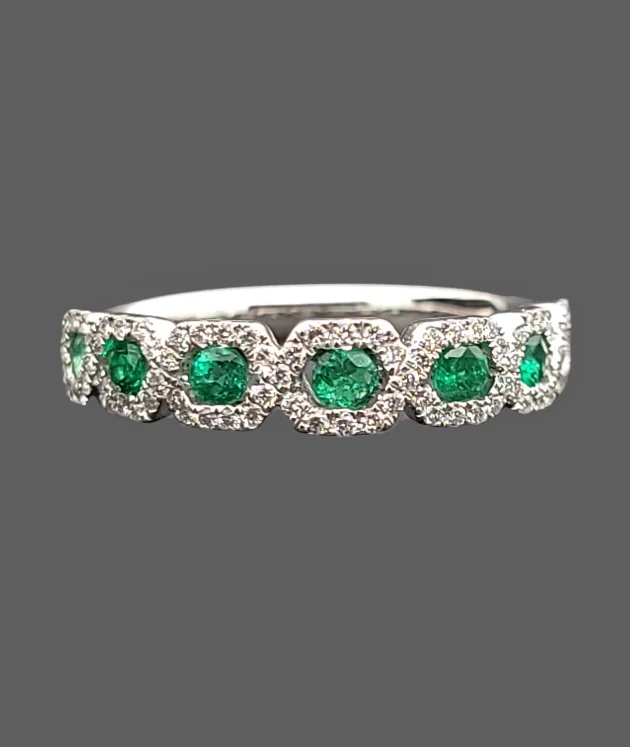 Classic Wedding Rings For Timeless Weddings-14K White Gold Natural Emerald Diamond Band Ring