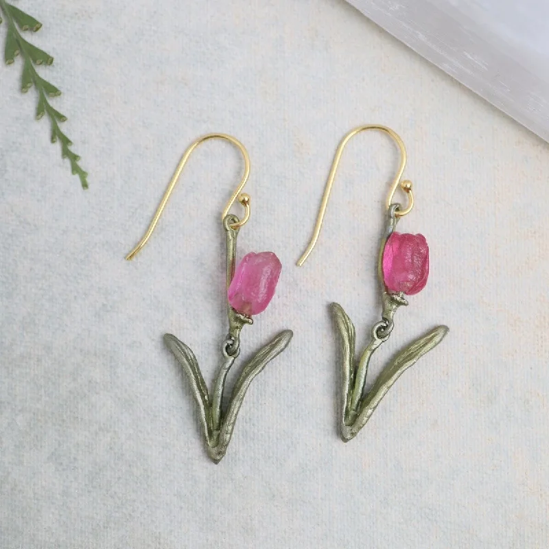 Handmade Gold Earrings For Unique Gifts-Tulip Wire Earrings - Pink