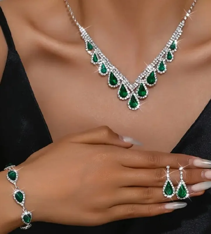 4pcs SILVER Emerald Green Jewelry Set l Rhinestone Earrings l Necklace l Bracelet l Prom l Wedding JS-929