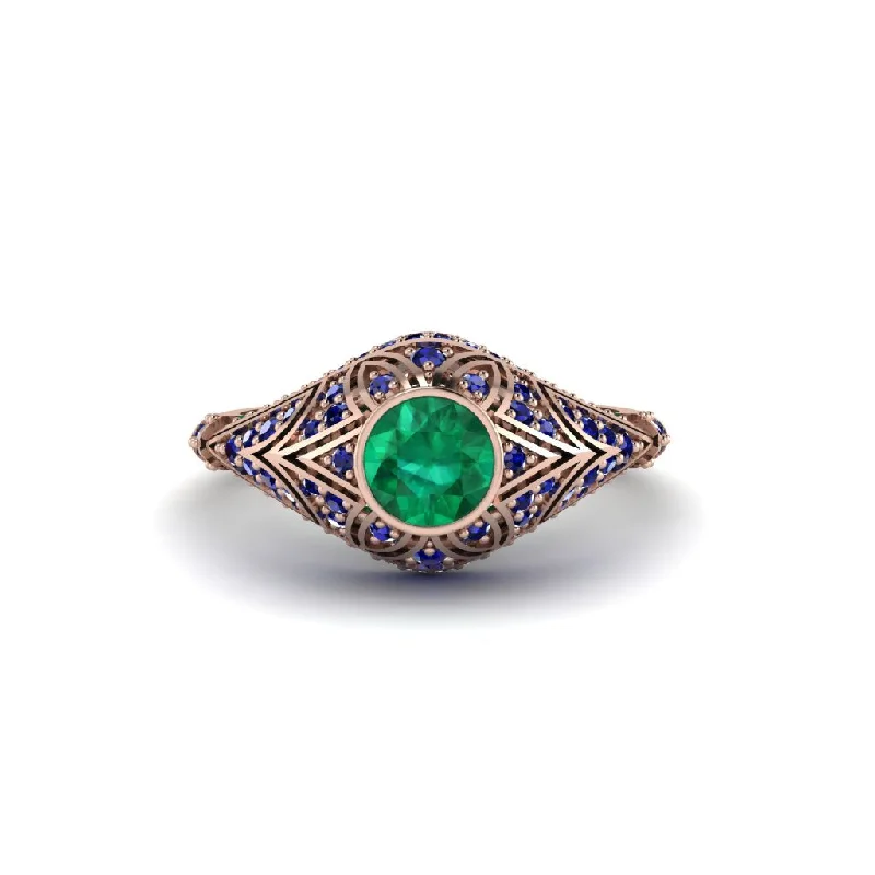 Luxury Wedding Bands For Stylish Brides-Emerald Bezel Vintage Filigree Engagement Ring - Kendall No. 65