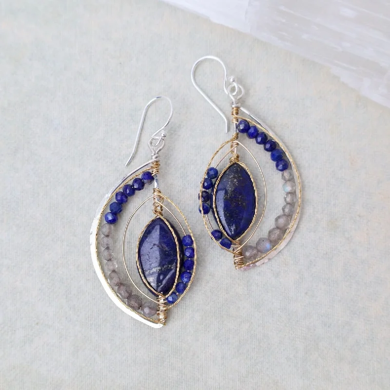 Fashionable Hoop Earrings For Casual Wear-Silver & Gold Filled Lapis Half Moon Madness Earrings