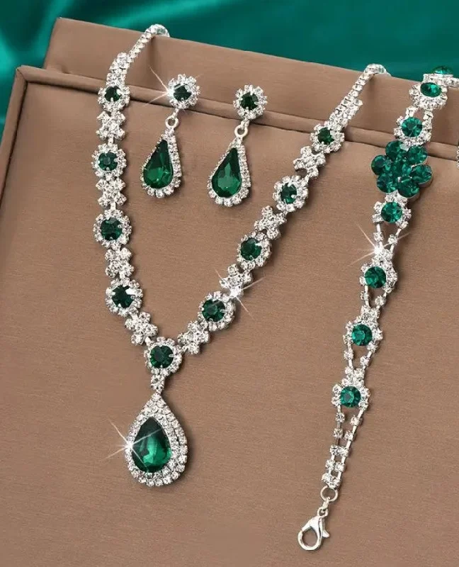 4pcs SILVER Emerald Green Jewelry Set l Rhinestone Earrings l Necklace l Bracelet l Prom l Wedding JS-926