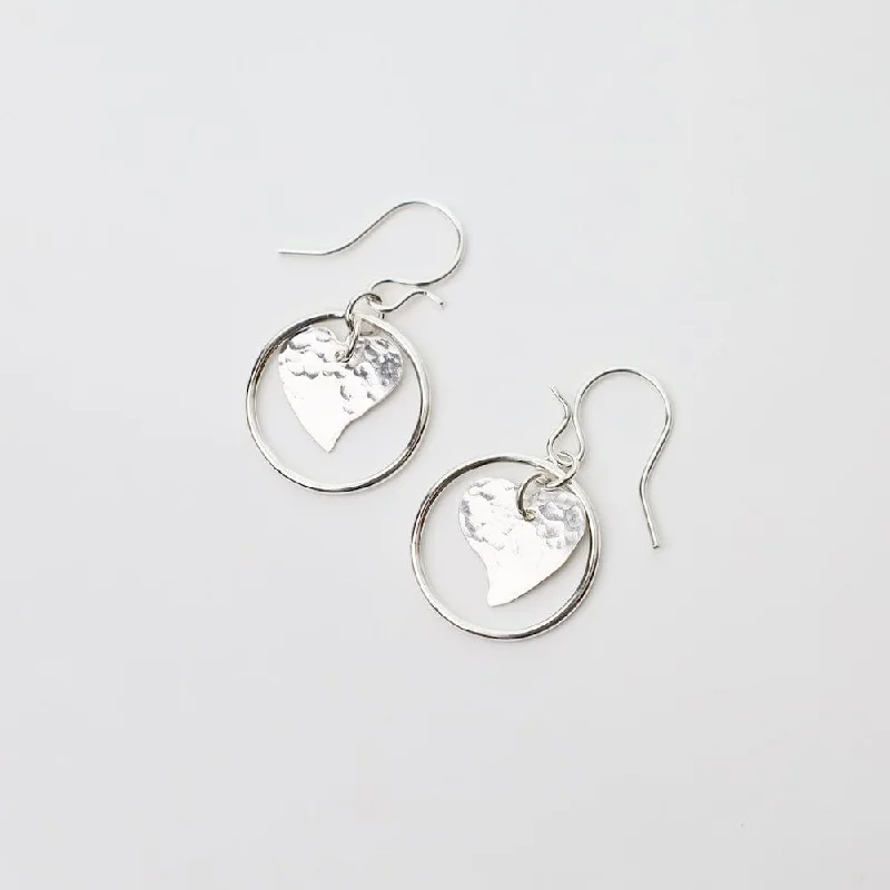 Trendy Earrings For Fashion Enthusiasts-Sterling Silver Hammered Heart in Circle Earrings