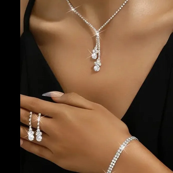 3pcs Jewelry Set l Silver l Gold Rhinestone Earrings l Necklace l Bracelet l Prom l Wedding JS-948