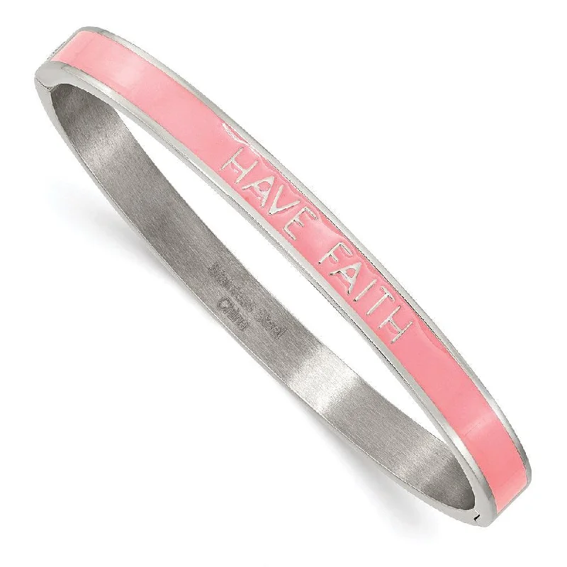 Classic Wedding Bangles For Brides-to-Be-Stainless Steel Polished Pink Enamel HAVE FAITH 6mm Hinged Bangle