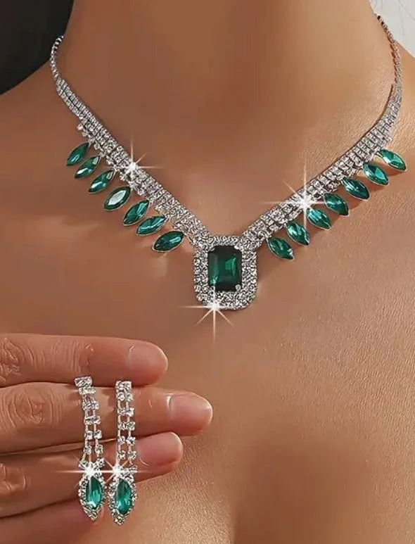 3pcs SILVER Emerald Green Jewelry Set l Rhinestone Earrings l Necklace l Bracelet l Prom l Wedding JS-928